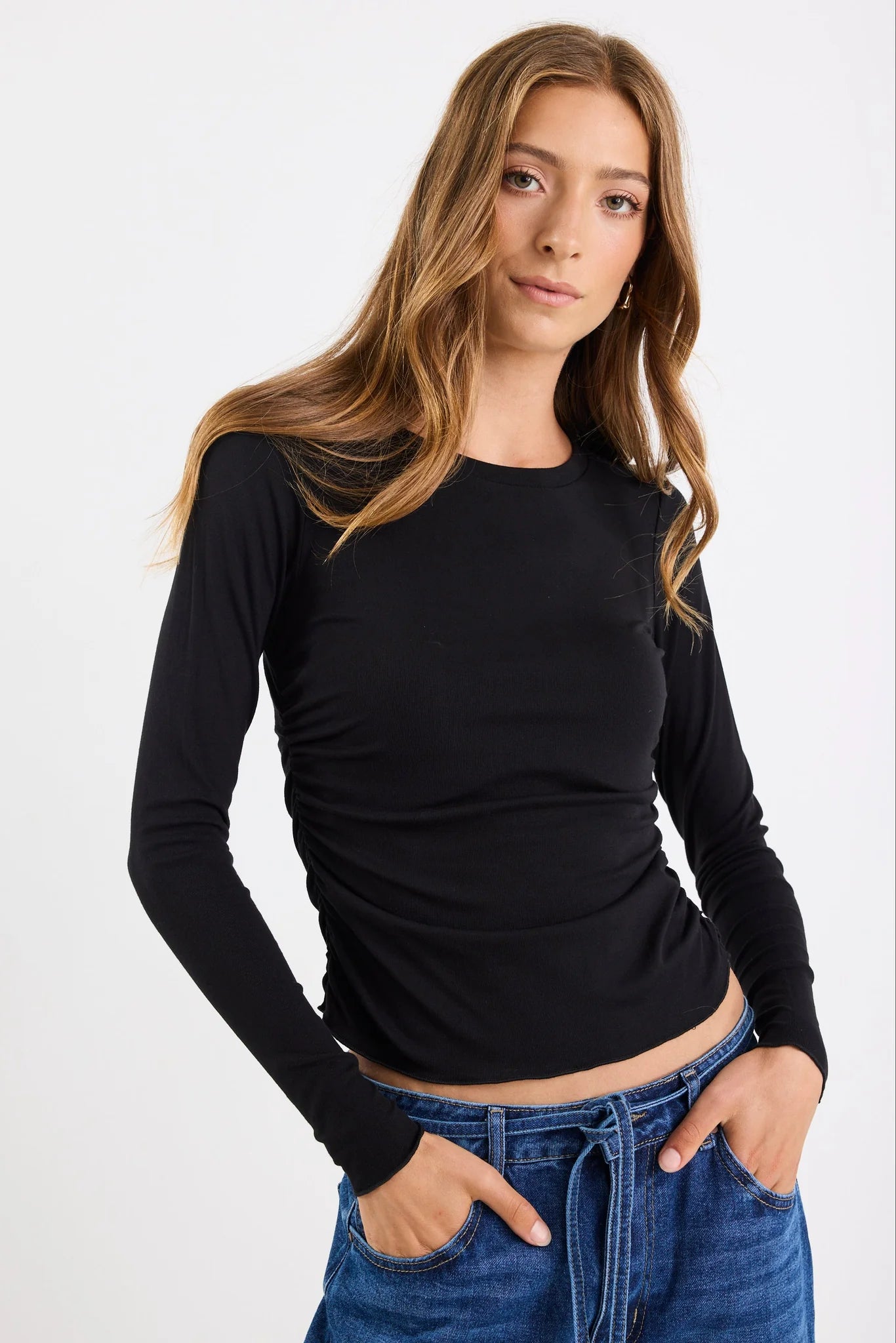 Muster Black Stretch Rouched Side Crew Top