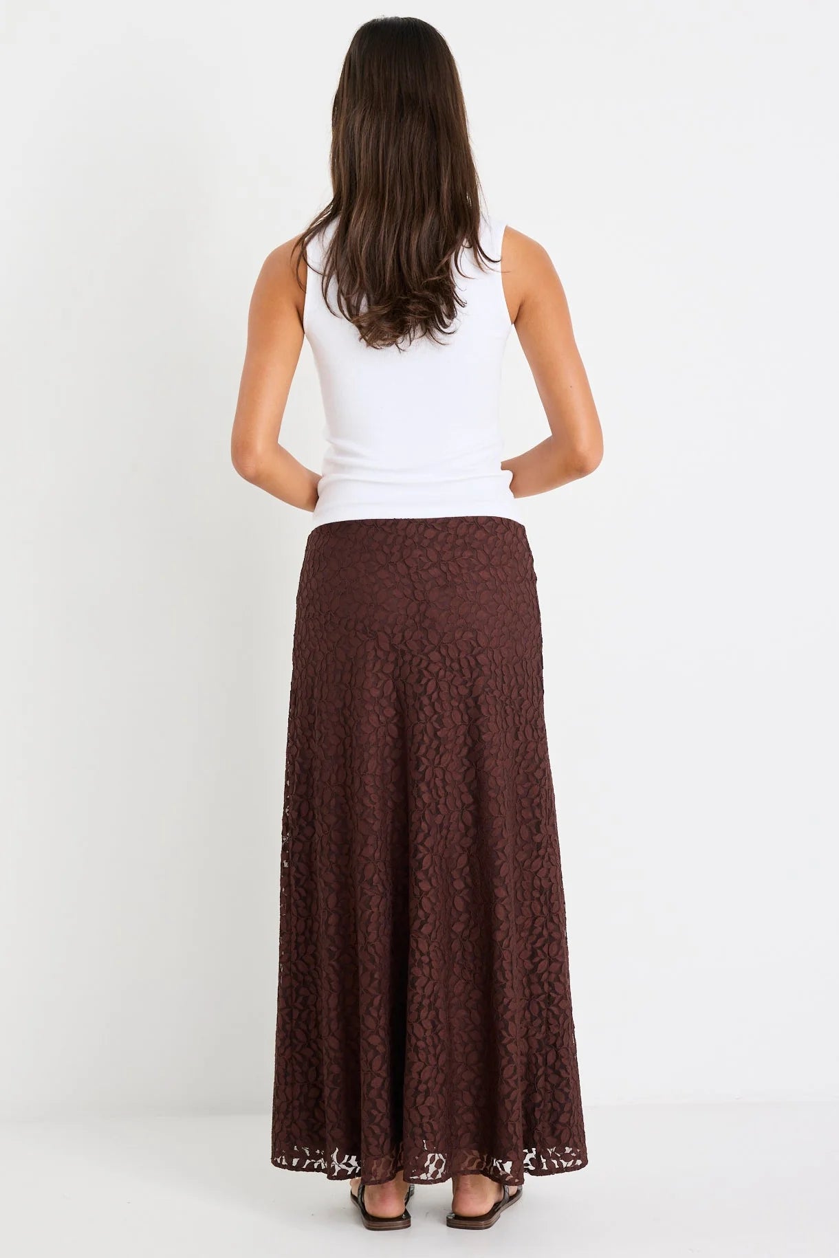 Zeus Chocolate Lace Bias Maxi Skirt