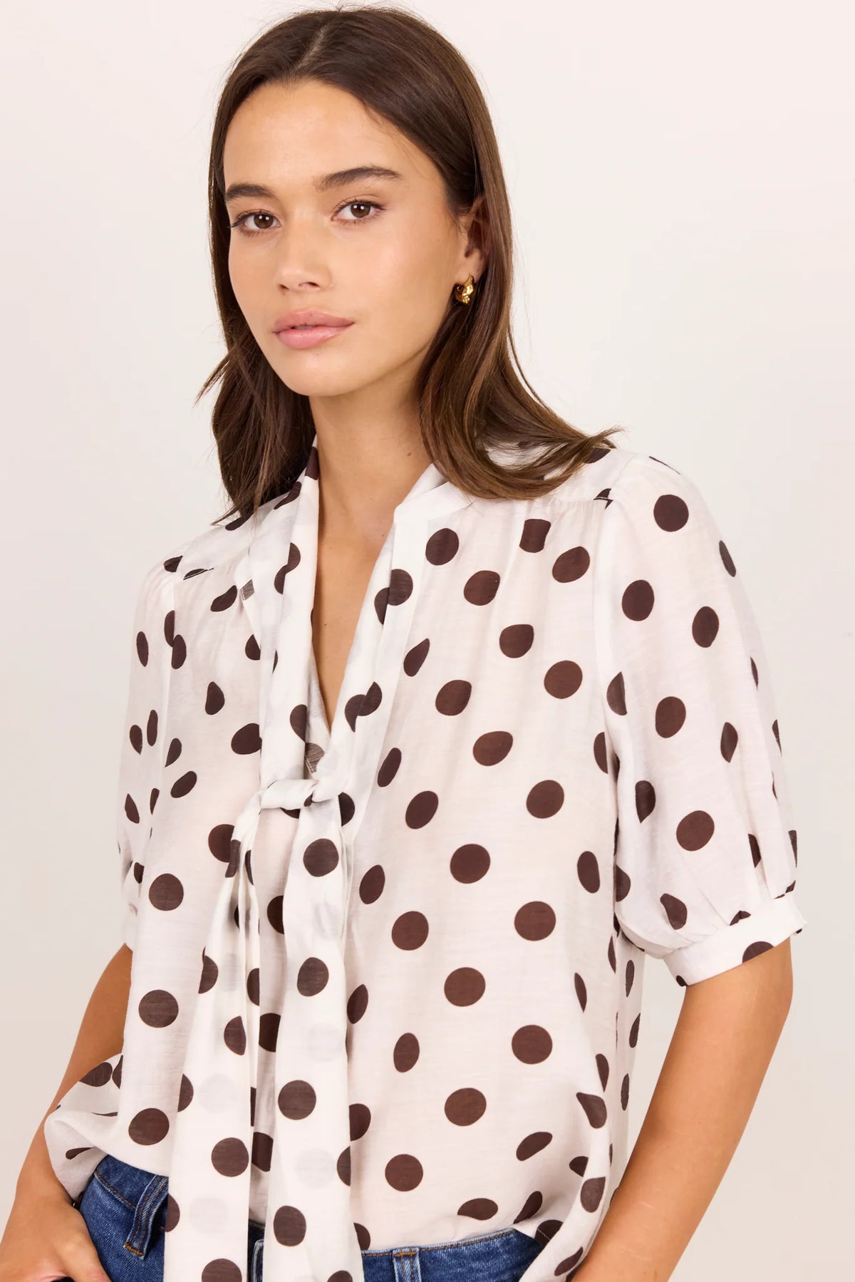 Providence Chocolate Polka Dot Tie Neck Short Sleeve Top