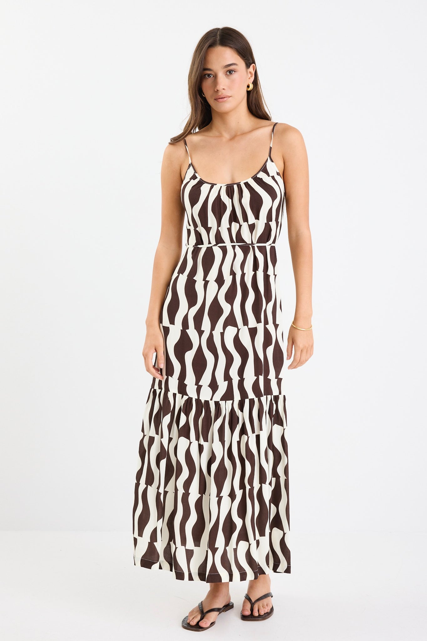 Relax Chocolate Geo Strappy Tiered Midi Dress