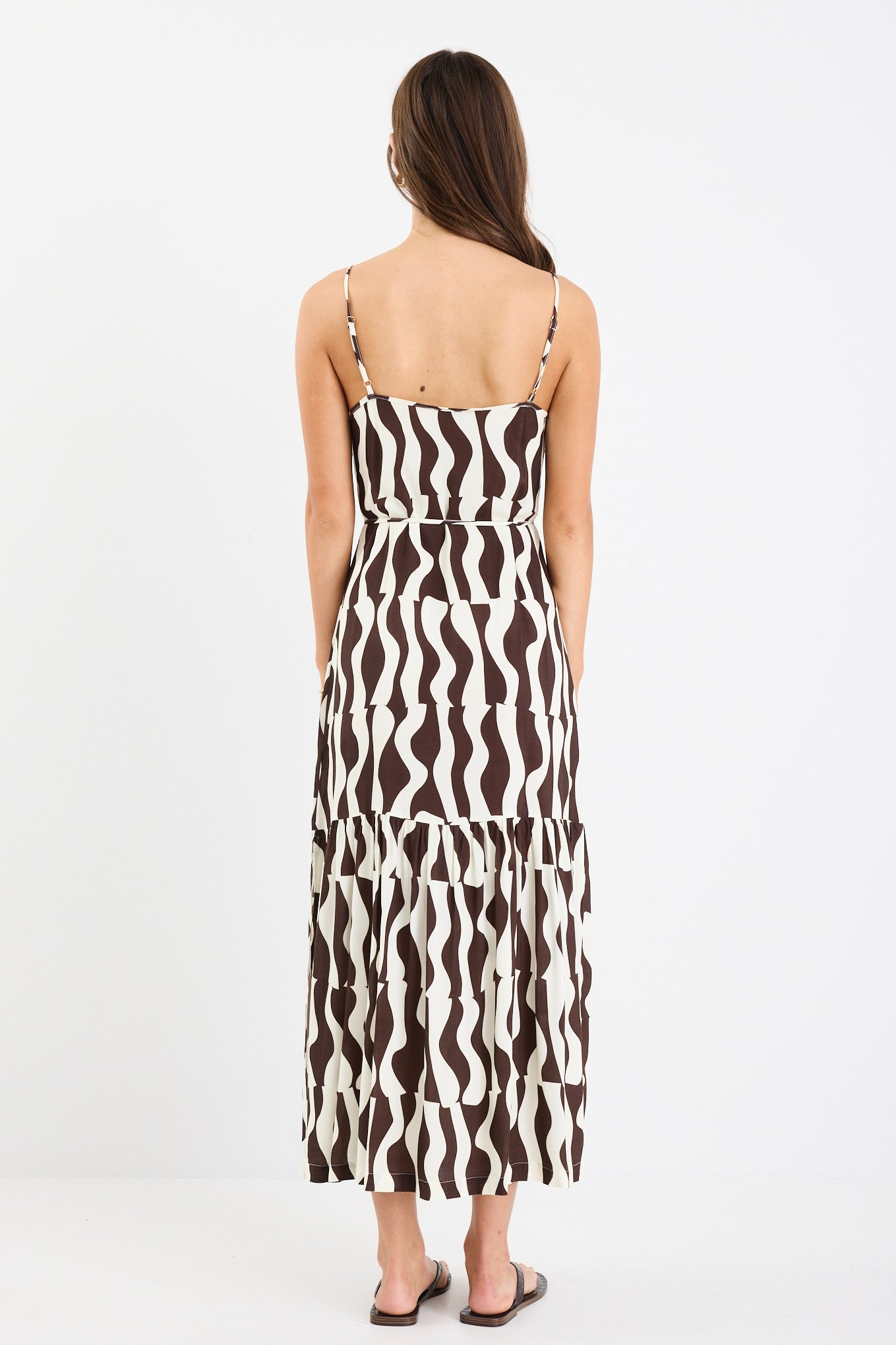 Relax Chocolate Geo Strappy Tiered Midi Dress