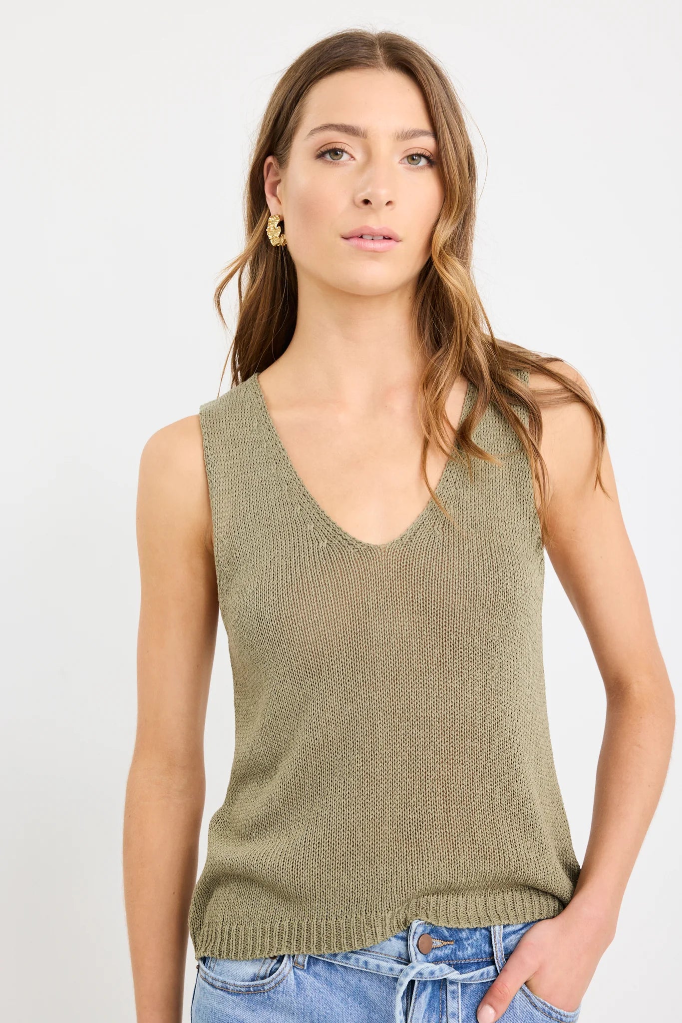 Settler Khaki V Neck Sleeveles Knit Top