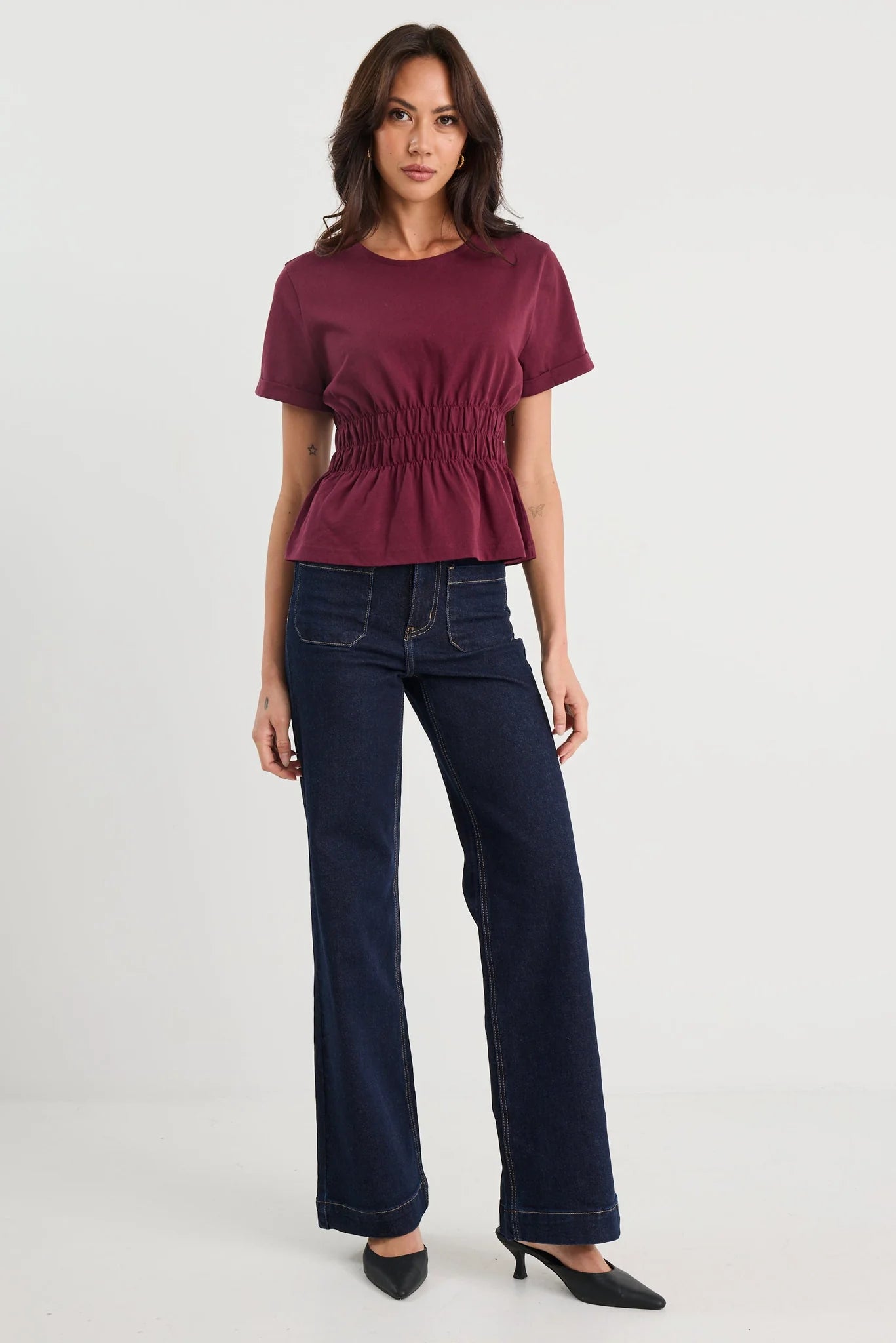 Svelte Burgundy Shirred Detail SS Tee