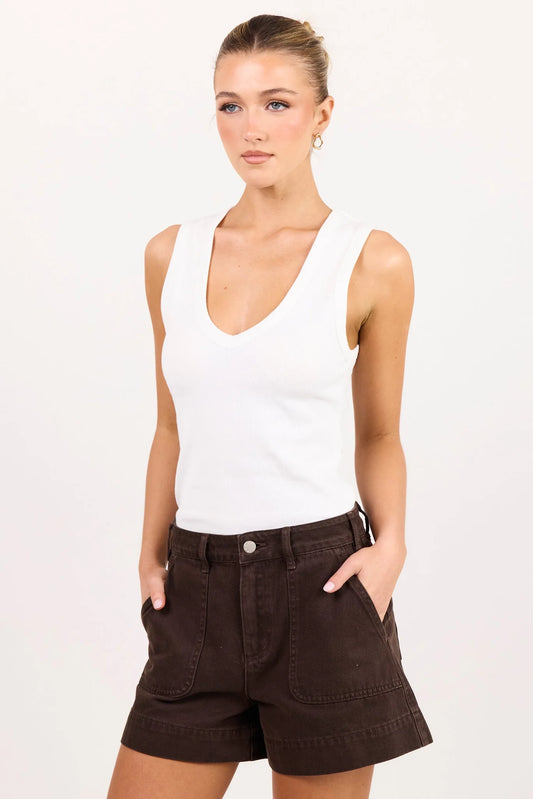 Kindly Dark Chocolate Pocket Front Denim Shorts