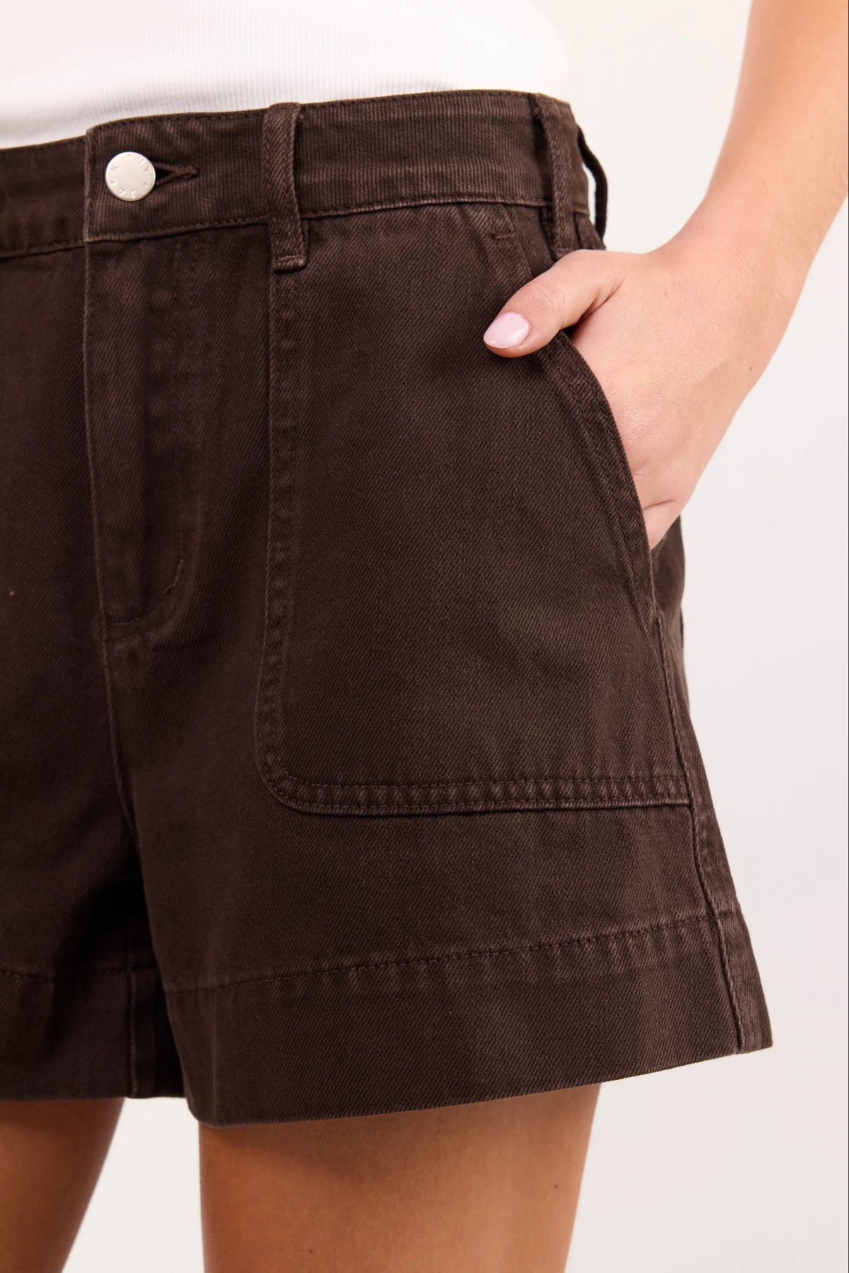 Kindly Dark Chocolate Pocket Front Denim Shorts