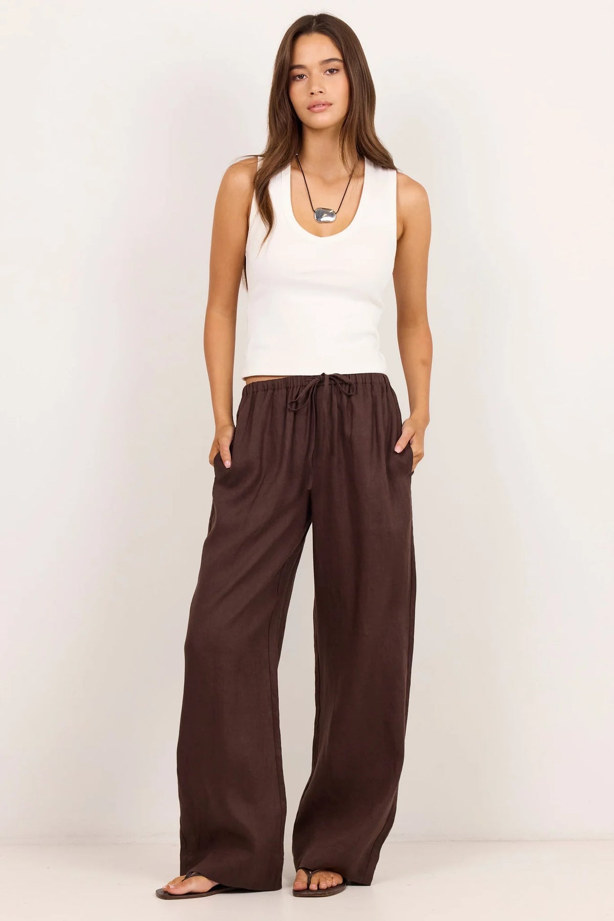 Wellness Dark Chocolate Linen Pull On Wide Leg Pants